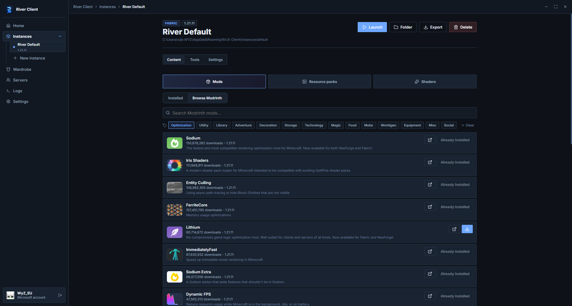 River Client Modrinth browser