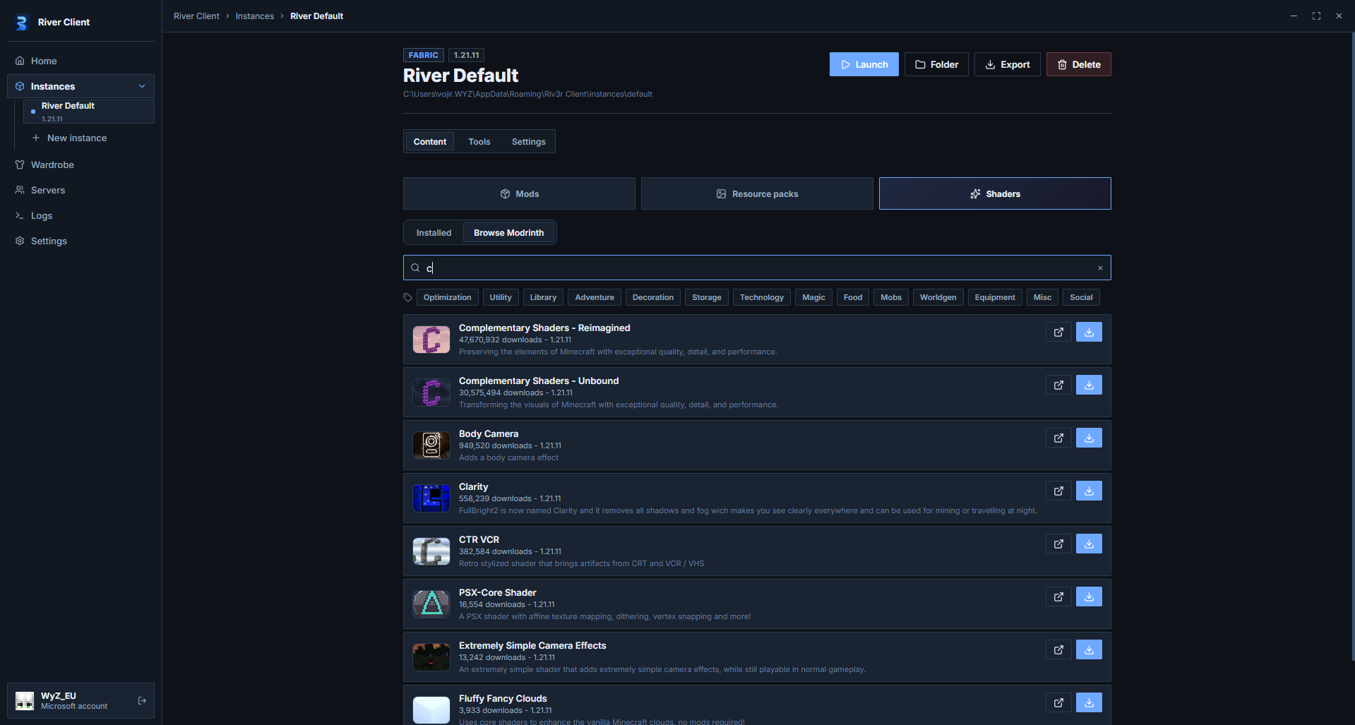 River Client shader browser